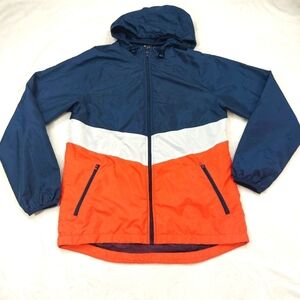 RUSSELL MENS BLUE WHITE ORANGE ZIP UP HOODED ATHLETIC WINDBREAKER 100% POLY SZ M